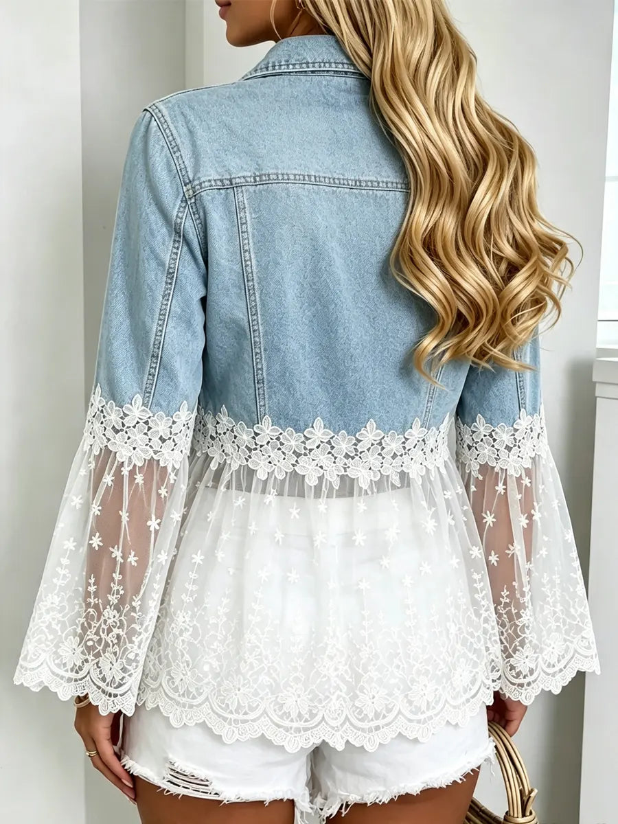 Veste En Denim À Revers & Dentelle