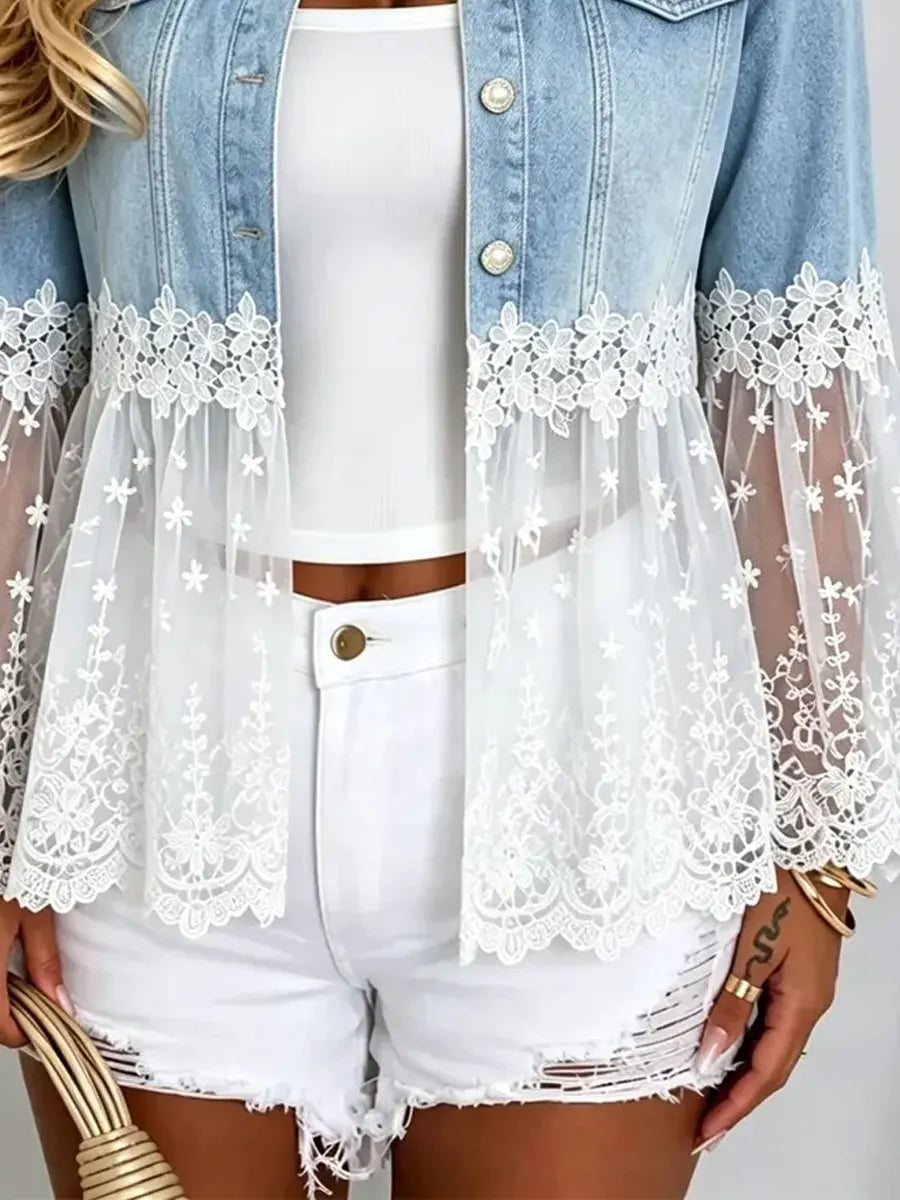 Veste En Denim À Revers & Dentelle