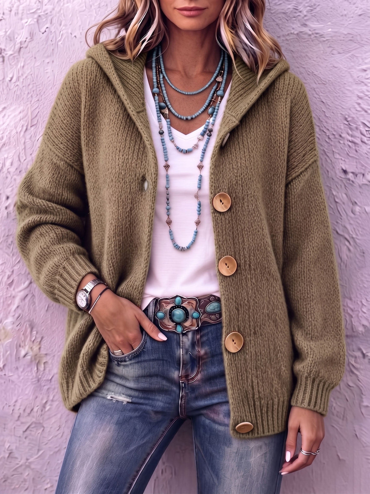 Cardigan Ambre En Maille Avec Capuche