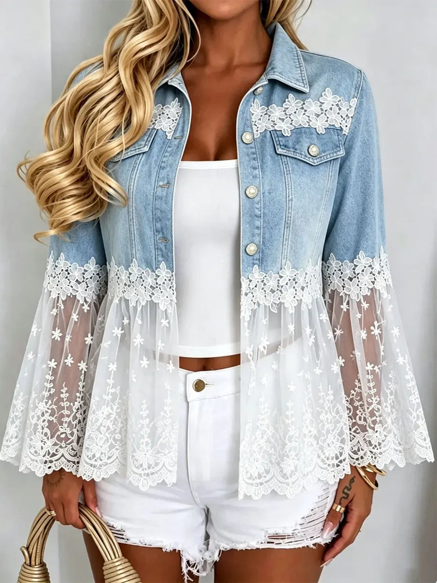 Veste En Denim À Revers & Dentelle